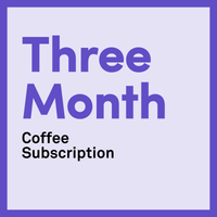 three month coffee subscription inside a white box against a purple background