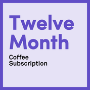 twelve month coffee subscription inside a white box against a purple background