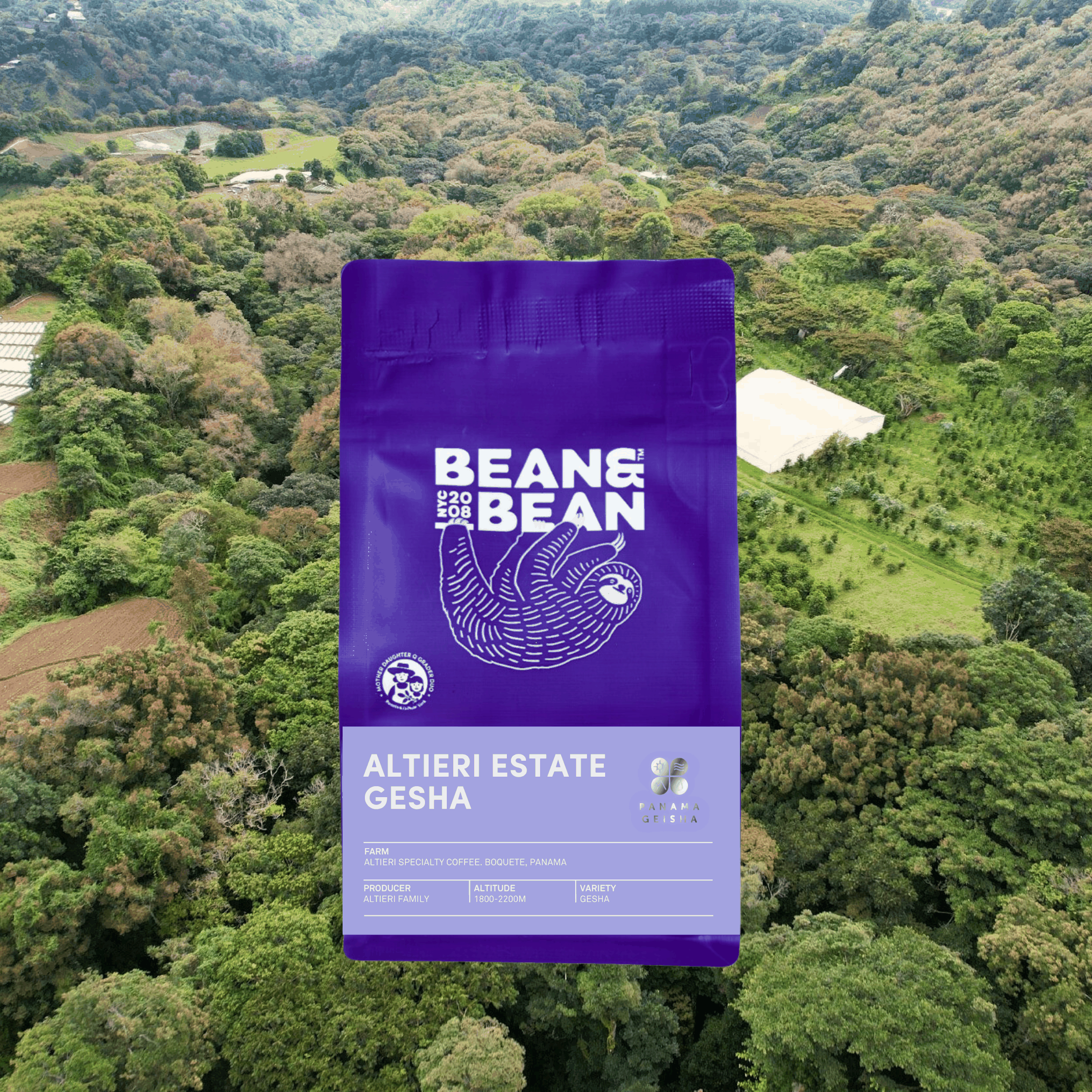 Purple Bean & Bean coffee bag labeled "Altieri Estate Gesha" set against an aerial view of a lush green farm.