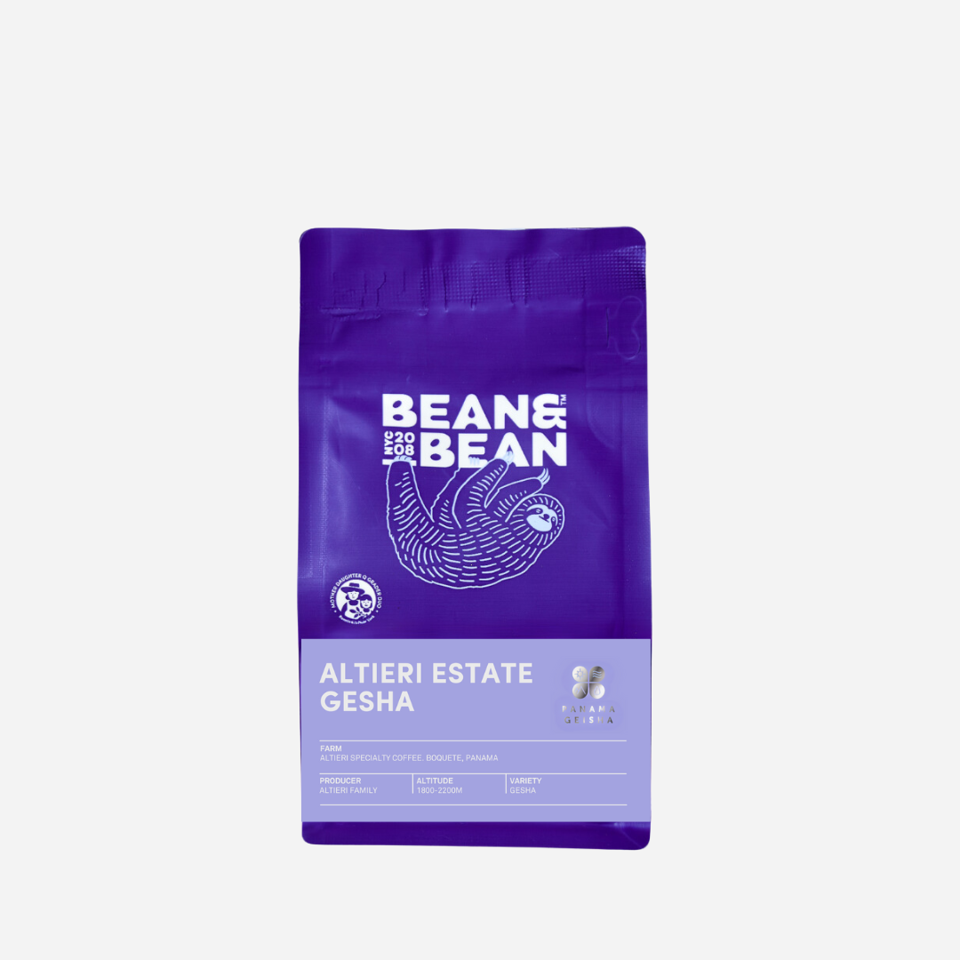 Purple bean and bean coffee bag with a purple altieri estate gesha