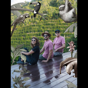Three members of the Rodriguez family sit on a wooden deck overlooking lush, terraced coffee fields. They are surrounded by playful illustrations of tropical animals and plants, including a sloth, toucan, parrot, anteater, and coffee branches, blending real and whimsical elements.