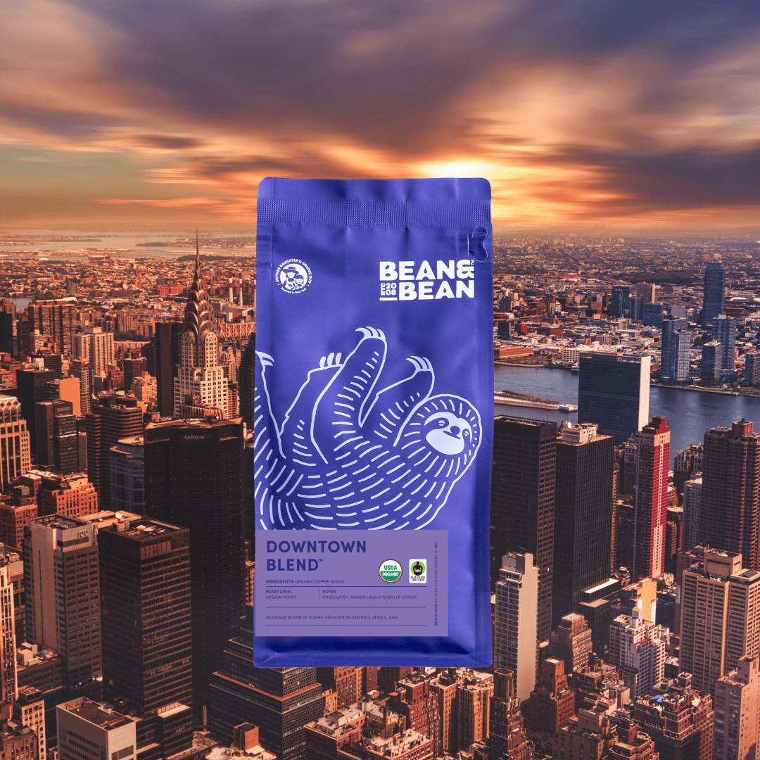 A purple Bean & Bean coffee bag with a white sloth illustration and a “Downtown Blend” label, set against a city skyline at sunset.
