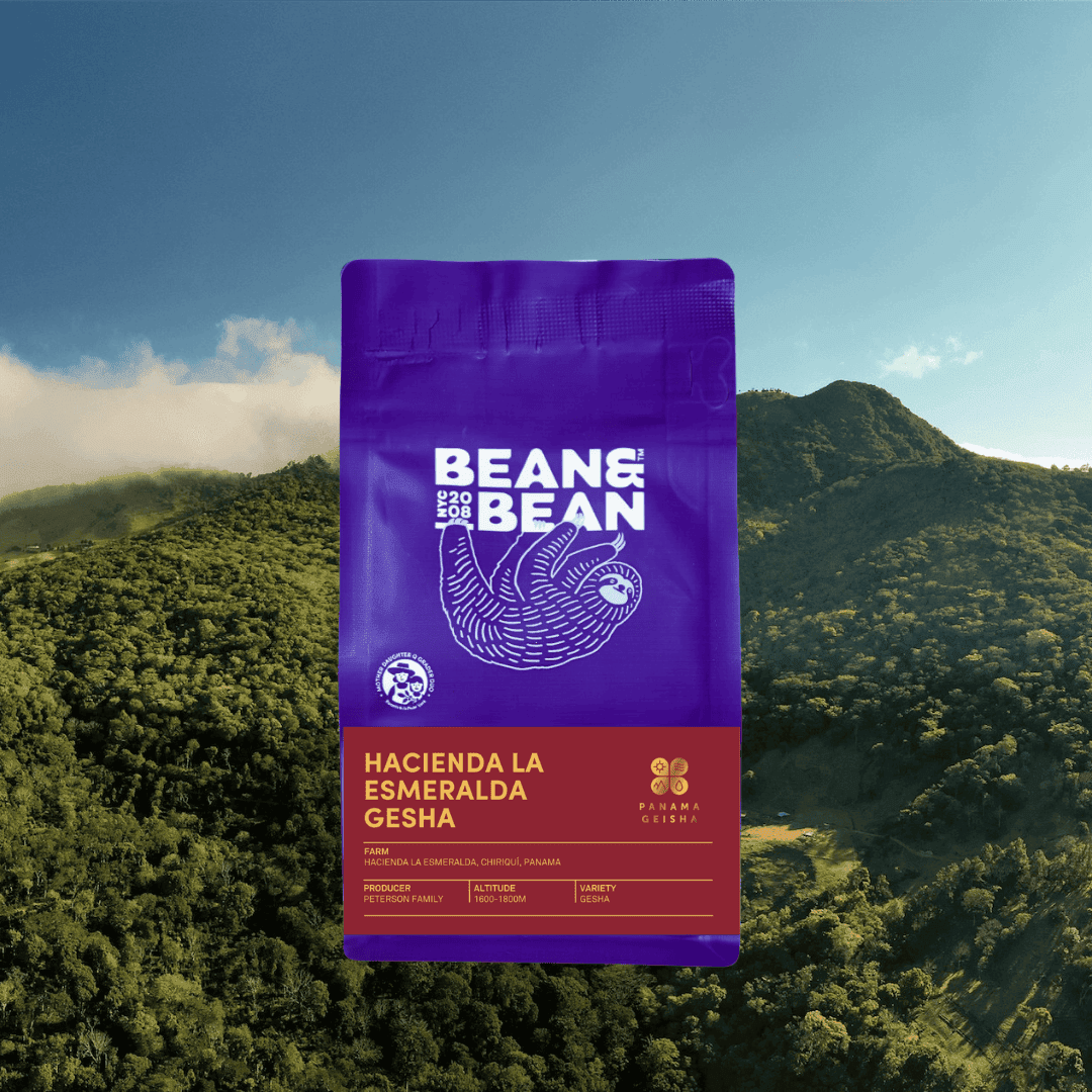 A purple Bean & Bean coffee bag labeled “Hacienda La Esmeralda Gesha” is shown in front of a lush green mountain landscape under a clear blue sky.