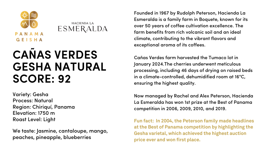 Information card for Cañas Verdes Gesha Natural coffee from Hacienda La Esmeralda in Chiriquí, Panama. Scored 92 points. Tasting notes include jasmine, cantaloupe, mango, peaches, pineapple, and blueberries. The coffee is a light roast, natural process Gesha grown at 1750m. Includes background on the Peterson family farm, its award-winning history, and meticulous 46-day drying process.