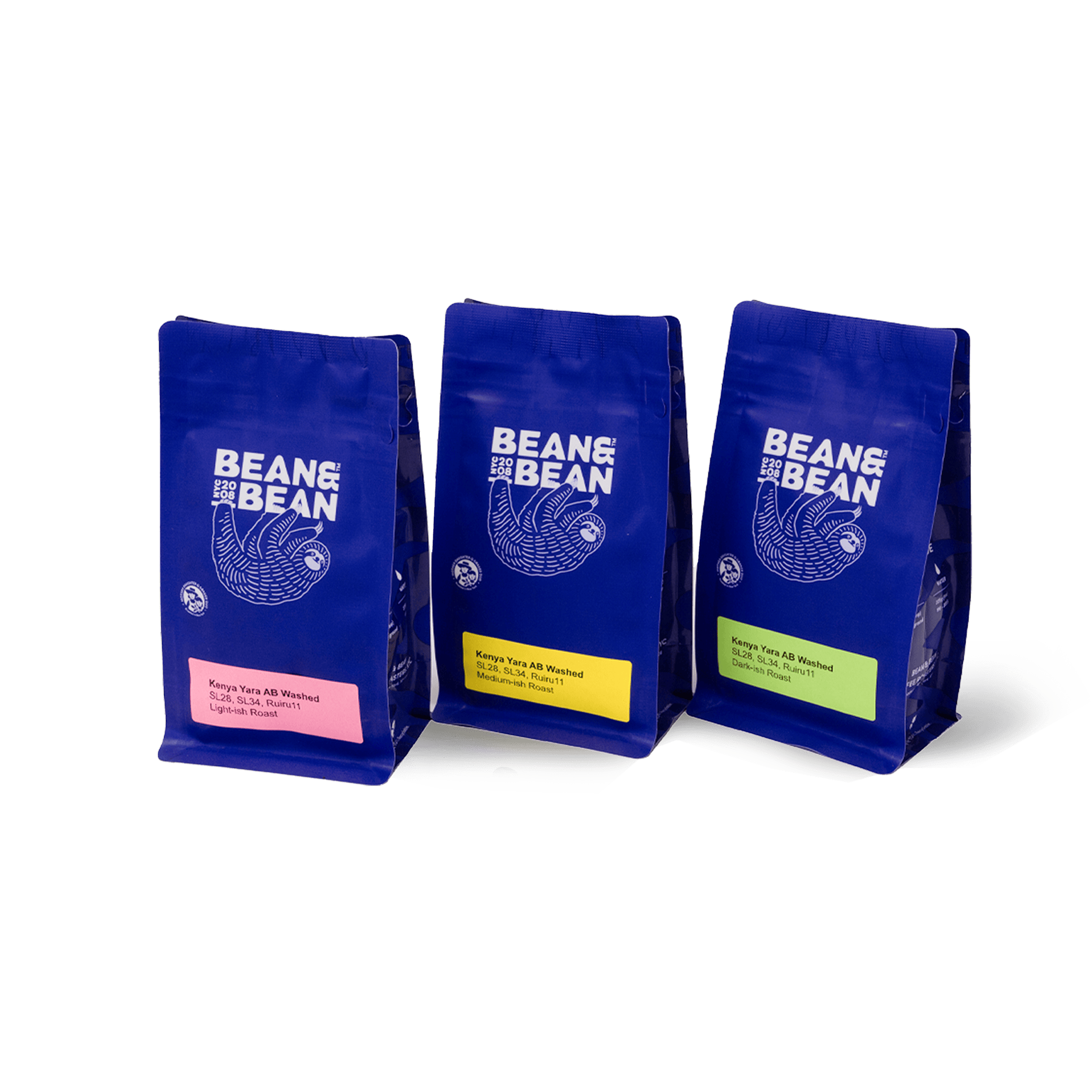 3 Purple "Bean & Bean Coffee Roasters" bag with a colored label that says Kenya Yara AB Washed. 