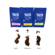 3 Purple "Bean & Bean Coffee Roasters" bag with a colored label that says Kenya Yara AB Washed and coffee grounds showing the different roasts.