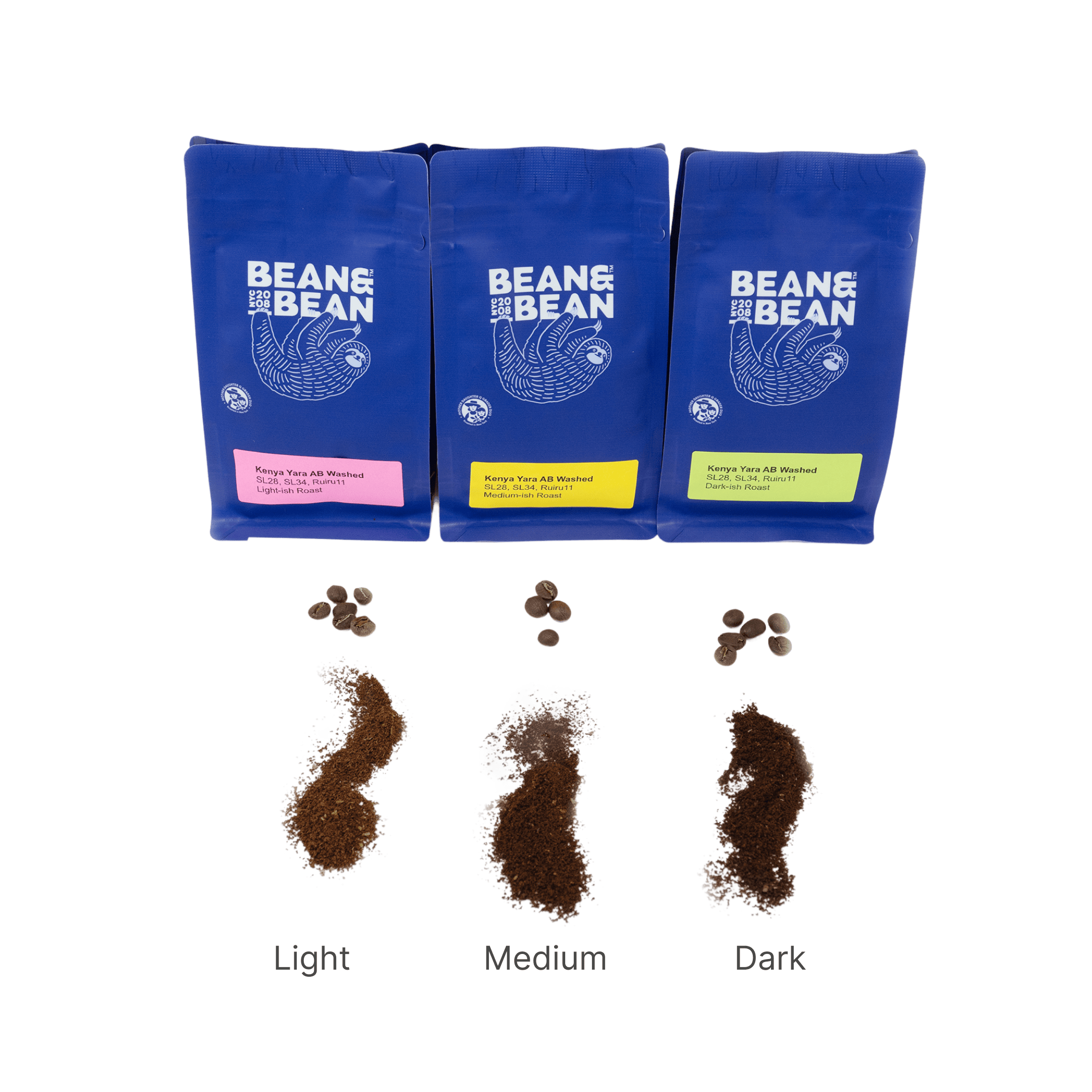 3 Purple "Bean & Bean Coffee Roasters" bag with a colored label that says Kenya Yara AB Washed and coffee grounds showing the different roasts.