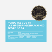 Cup of Excellence 2024 Winner badge with a blue label for Honduras COE #5: Las Virginias Gesha Washed. Score: 90.04. Light roast with notes of floral, black currant, red apple, bright, complex, and crisp acidity. Grown at 1650m by Dolmin Josué Alvarado using a washed process and Gesha variety.