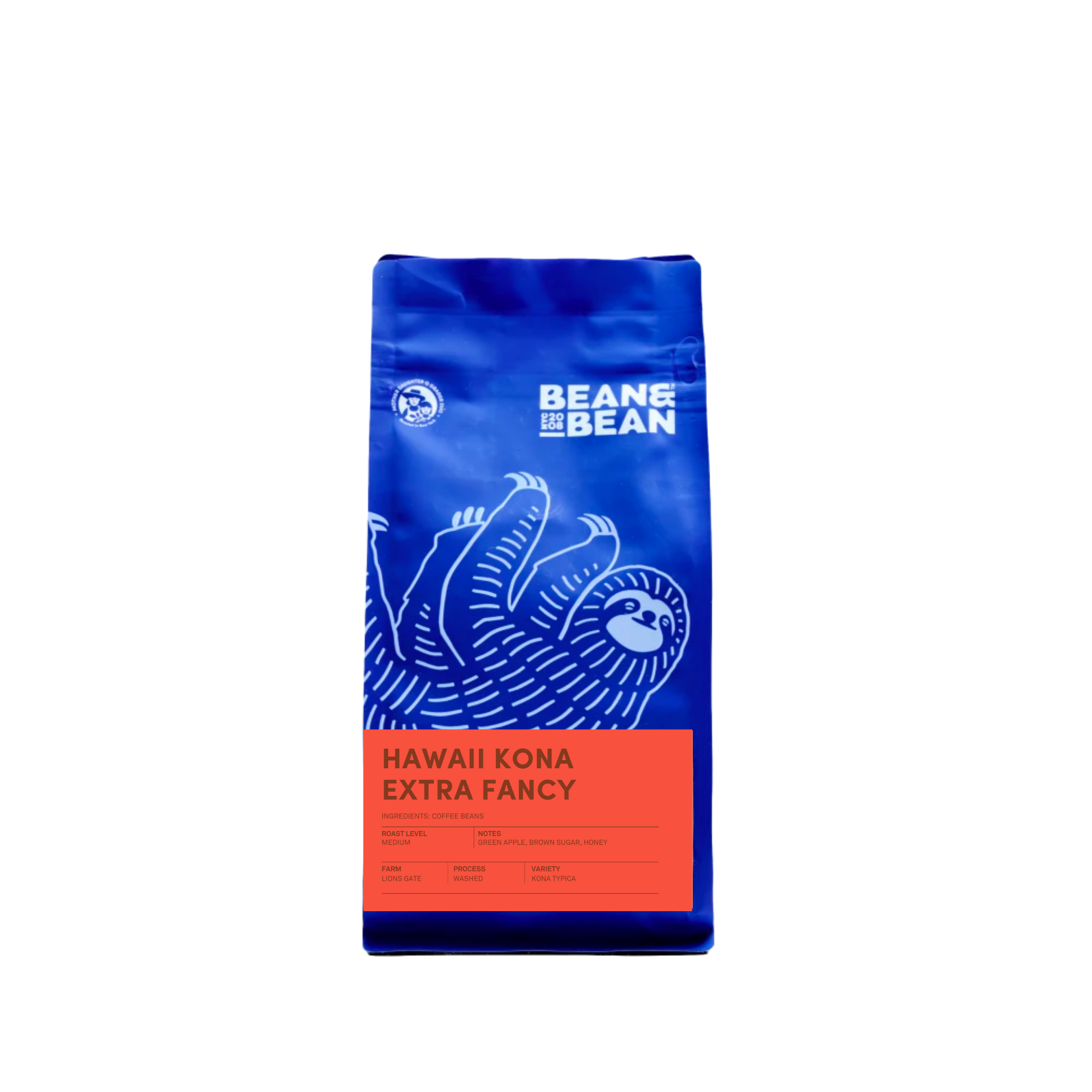 Purple "Bean & Bean Coffee Roasters" bag with a peach orange colored label that says "Hawaii Kona Extra Fancy""