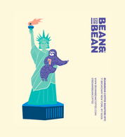 Illustration of the Statue of Liberty holding a smiling purple sloth with a coffee cup. On the right side, the text reads 'BEAN & BEAN Coffee Roasters NYC' with the address, website, and Instagram handle @beanandbeancoffee.