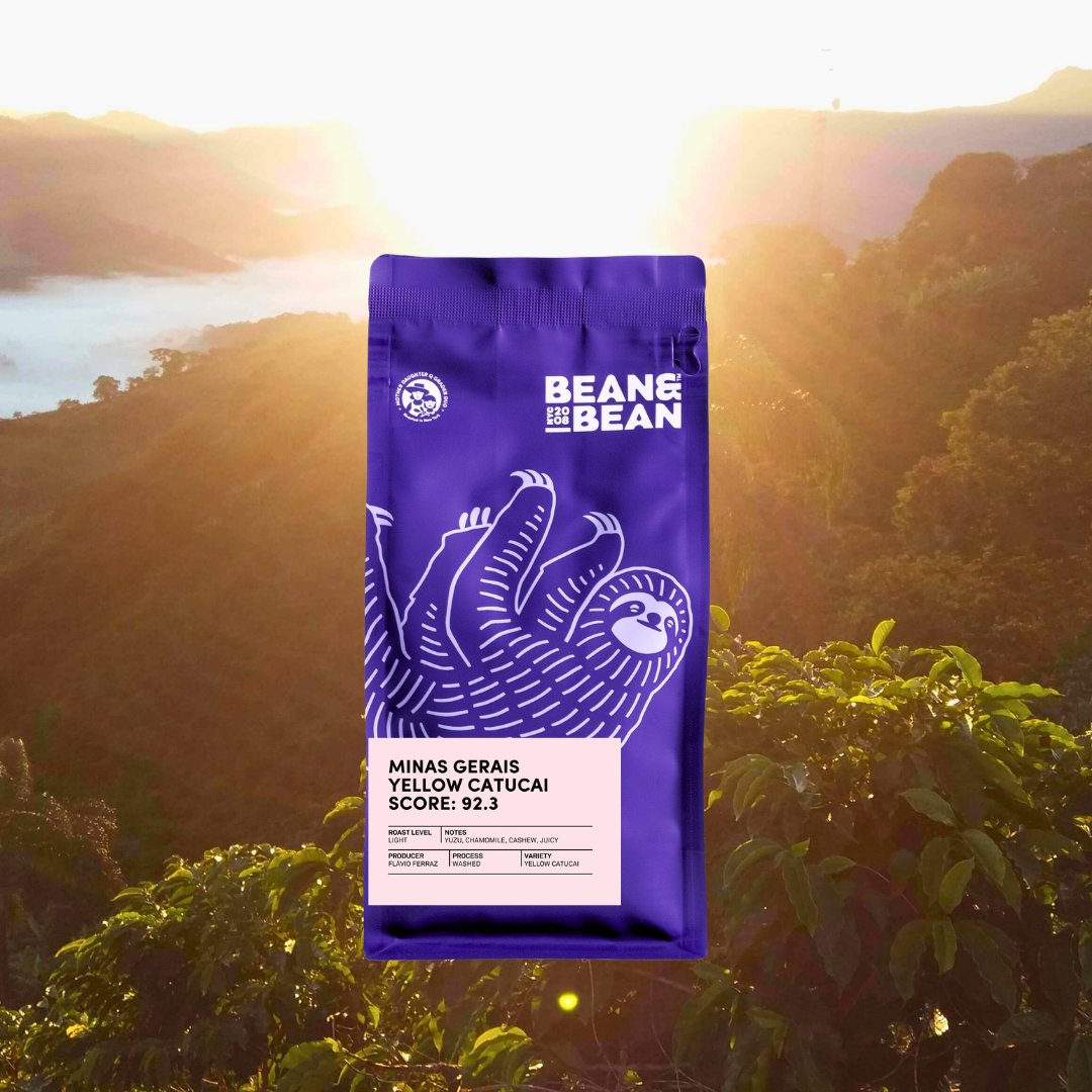 Bag of Bean & Bean Coffee's Minas Gerais Yellow Catucai, light roast, score 92.3, shown against a mountain sunrise backdrop.