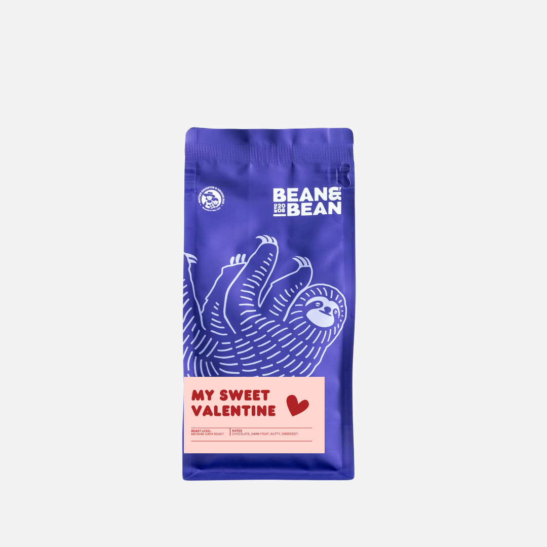 Purple "Bean & Bean Coffee Roasters" bag with a colored label that says My Sweet Valentine