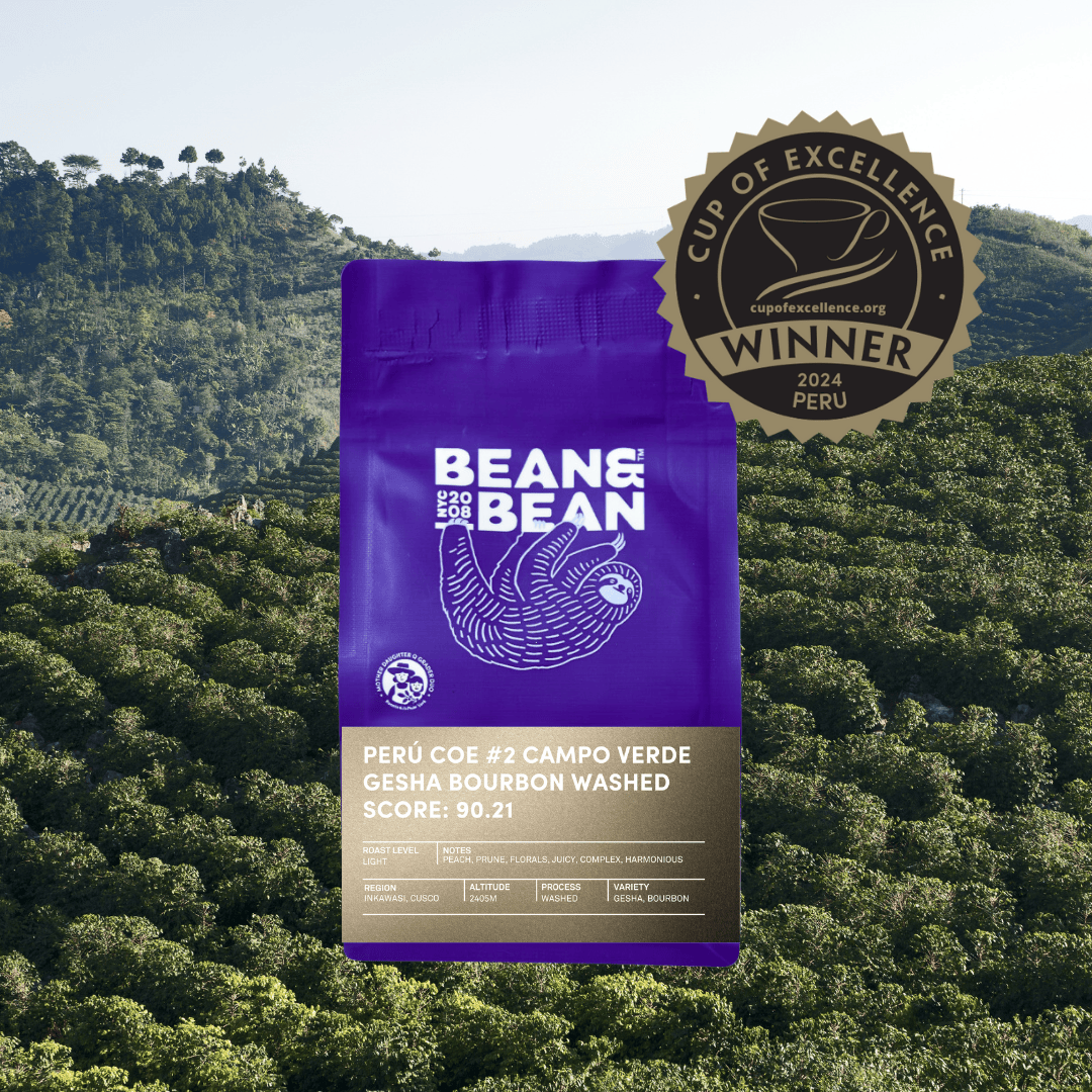 A purple coffee bag from Bean & Bean labeled 'PERÚ COE #2 CAMPO VERDE GESHA BOURBON WASHED' with a Cup of Excellence 2024 Peru winner badge. Coffee fields and hills are in the background.
