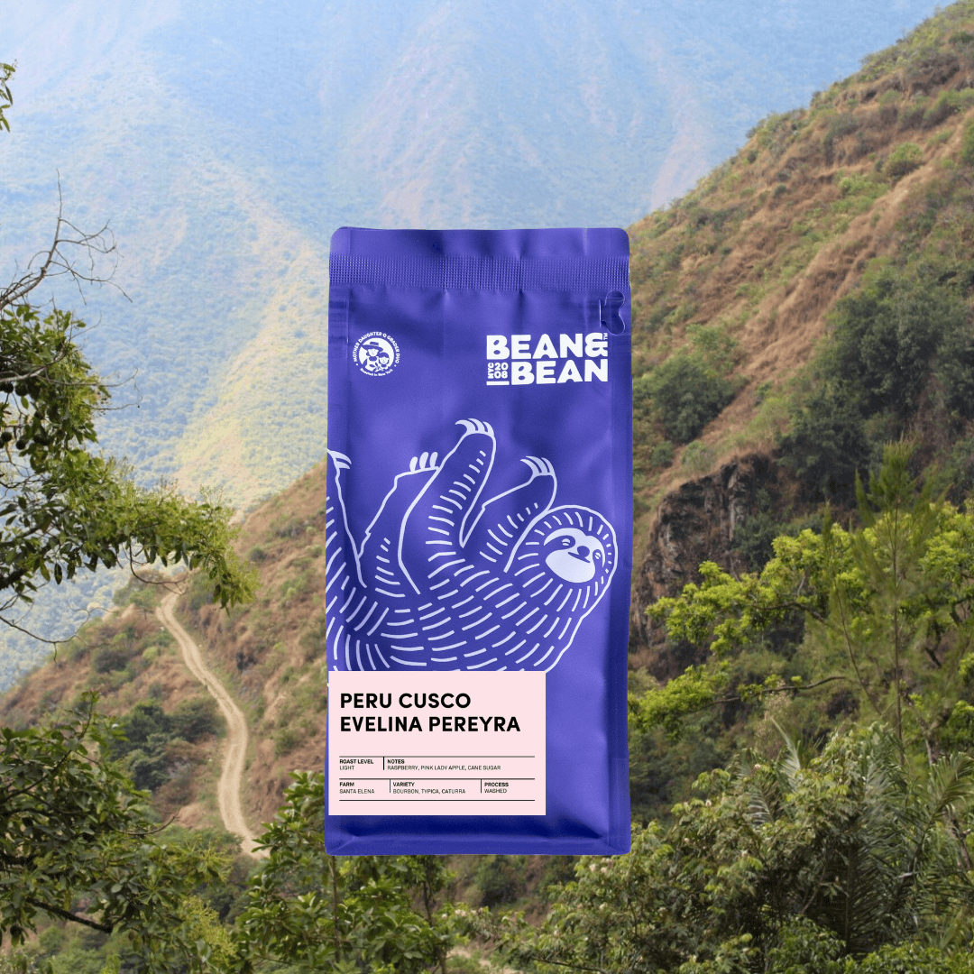 A purple coffee bag from Bean & Bean labeled 'Peru Cusco Evelina Pereyra' set against a Peruvian mountain backdrop. The label notes light roast, tasting notes of plum, lime, apple, and cane sugar, and coffee varieties Bourbon, Typica, and Caturra.