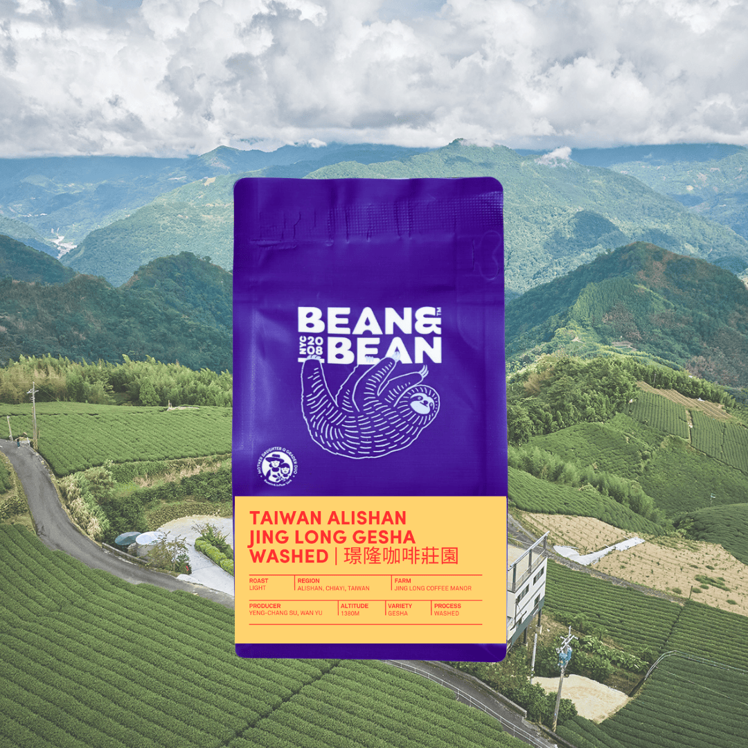 taiwan farm alishan jing logn gesha with background of coffee farm