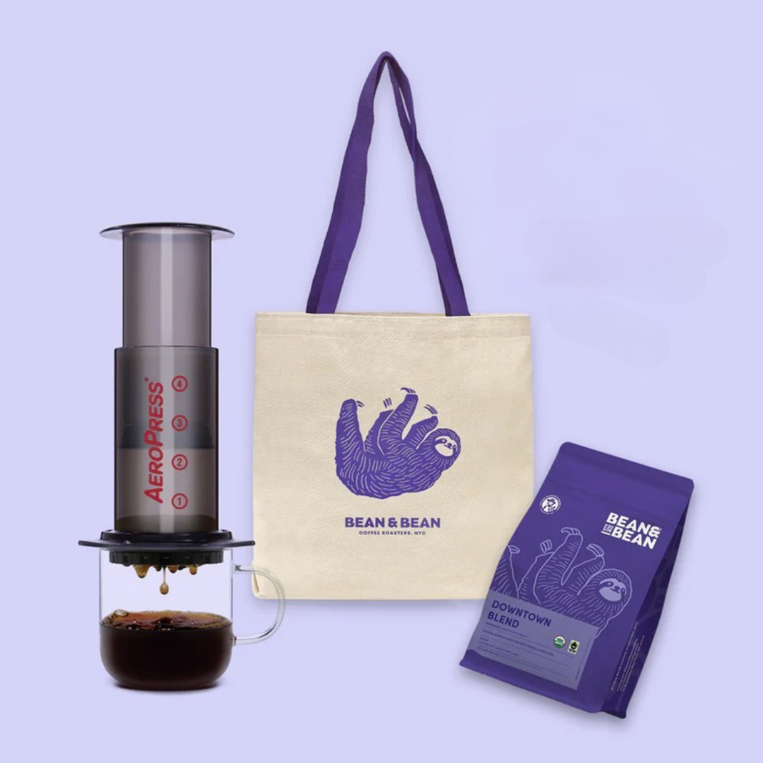 Aeropress Coffee Maker, bean&bean sloth tote, bag of downtown blend