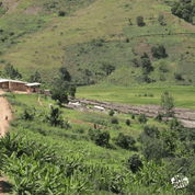Coffee washing station in Burundi surrounded by lush green hills, with rows of raised drying beds and small buildings in the distance.