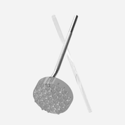 A stainless steel handheld coffee tool with a grey round head covered in small holes that gently spreads hot water evenly over coffee grounds during pour over brewing.