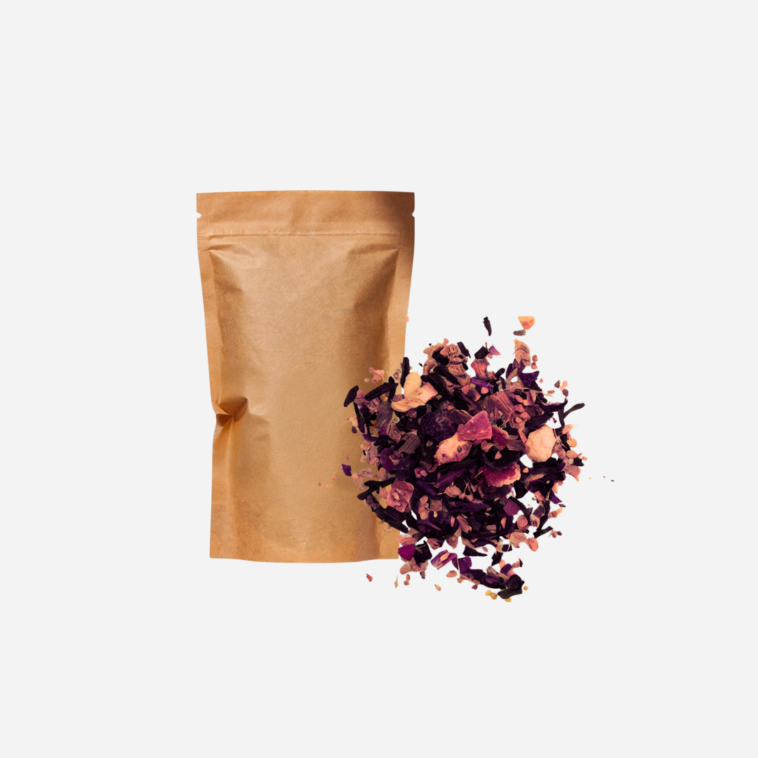 A plain brown kraft pouch shown with  loose leaf hibiscus berry tea.