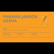 A bright orange coffee label showing “Panama Janson Gesha” with farm, producer, altitude, and variety details. The gold Panama Gesha emblem is on the right.