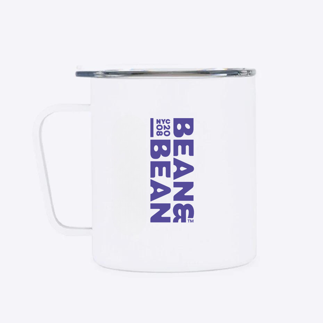 White mirr mug with the text 'BEAN & BEAN' printed vertically in purple.