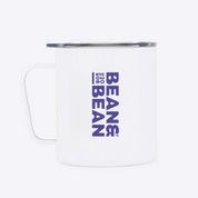 White mirr mug with the text 'BEAN & BEAN' printed vertically in purple.