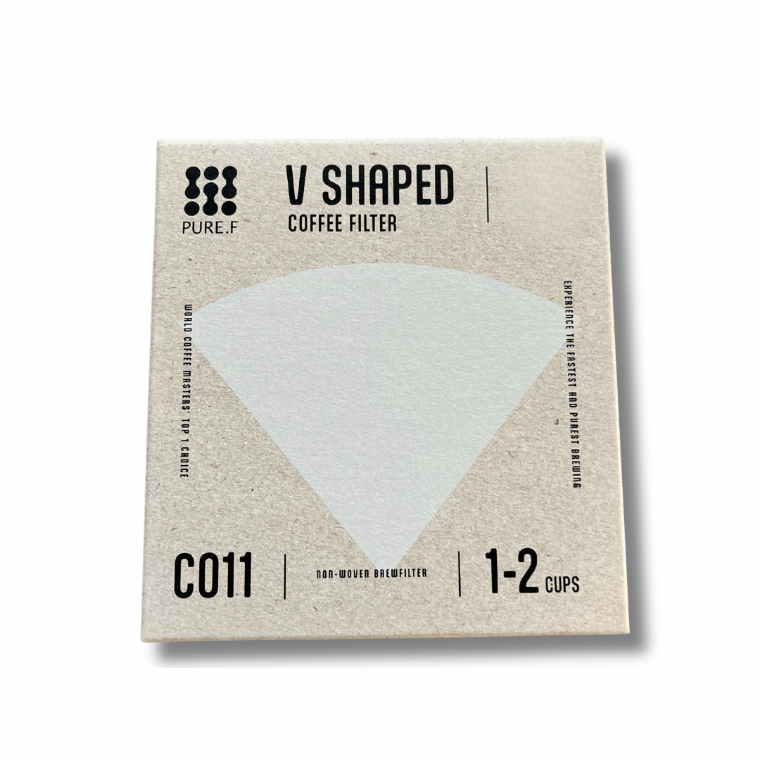 A square beige box with a white, V-shaped coffee filter illustration in the center. Text reads “V Shaped Coffee Filter,” “C011,” and “1–2 cups.” Non-woven filter designed for cone drippers like V60.