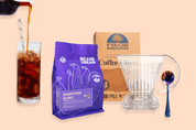 Iced coffee, bag of downtown blend, clever brewer & filters, Umeshiso spoon