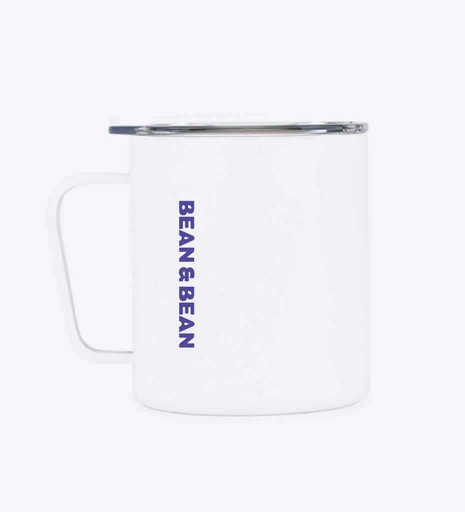 White mirr mug with the text 'BEAN & BEAN' printed vertically in purple.