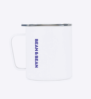 White mirr mug with the text 'BEAN & BEAN' printed vertically in purple.