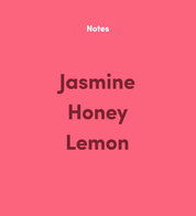 Flavor notes: Jasmine, Honey, Lemon on a pink-colored background.